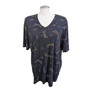Womens Vintage Top Plus 2X Black Gold Sparkle Dragonfly Stretch Fairy Grunge